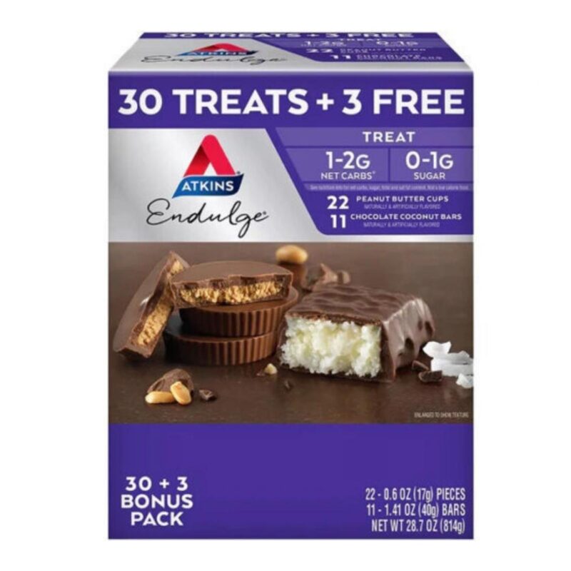 Atkins Endulge Treat Variety Pack – 33 Bars | Peanut Butter Cups & Chocolate Coconut Bars | Low Carb, Keto-Friendly Snacks